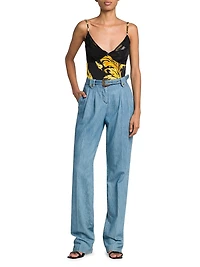 Washed Denim High-Rise Straight-Leg Belted Pants