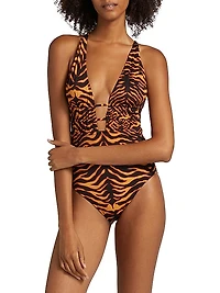 Dioni Leopard Plunge One-Piece Swimsuit