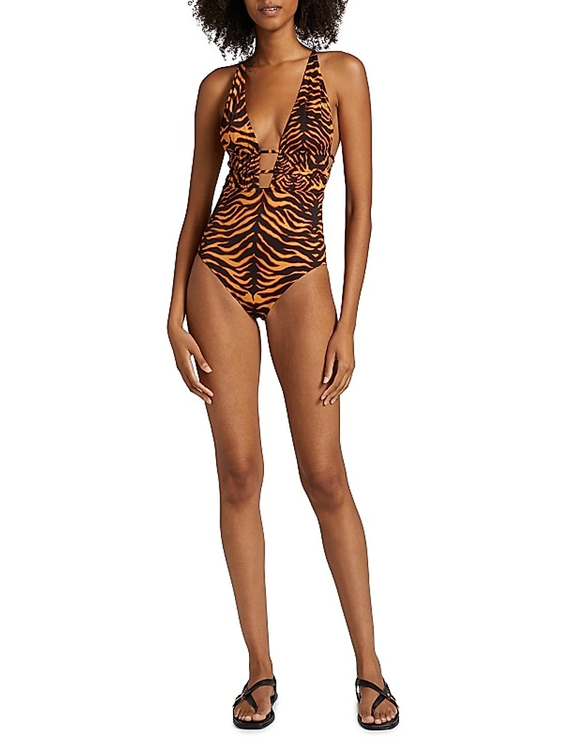 Dioni Leopard Plunge One-Piece Swimsuit