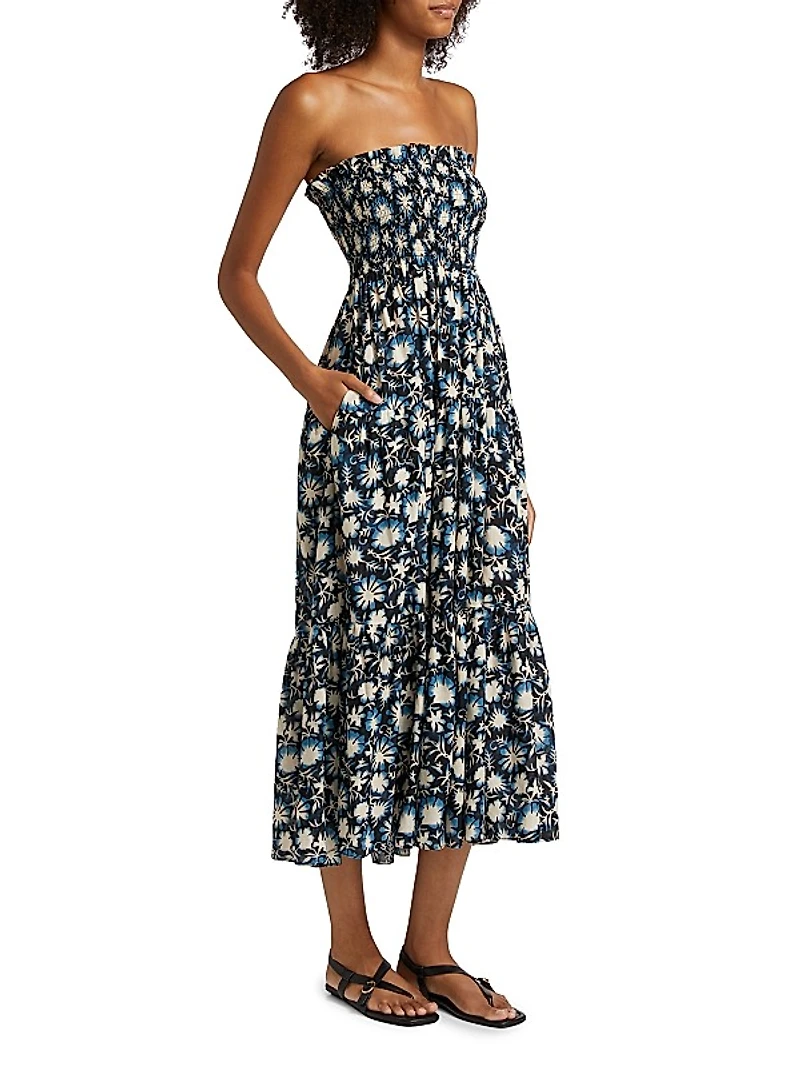 Lucca Floral Smocked Cotton-Blend Midi-Dress