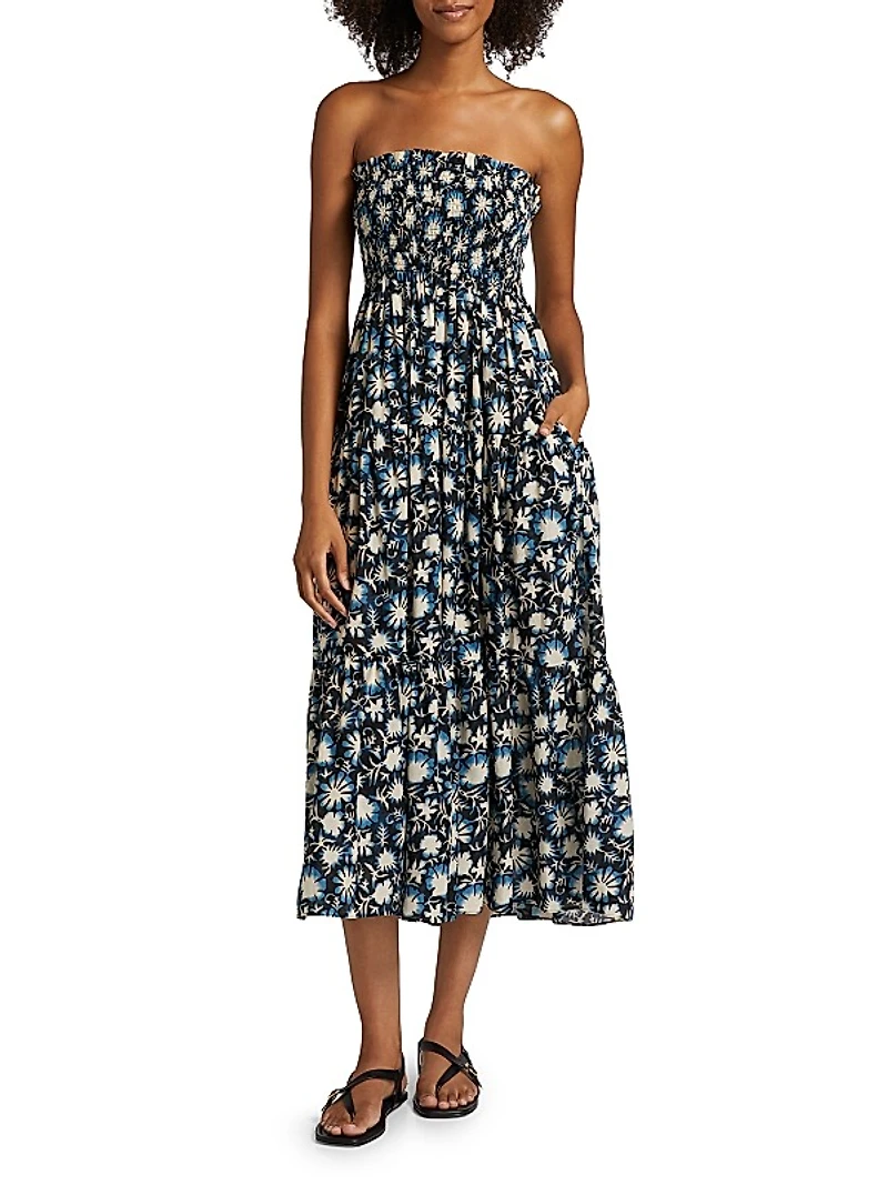Lucca Floral Smocked Cotton-Blend Midi-Dress