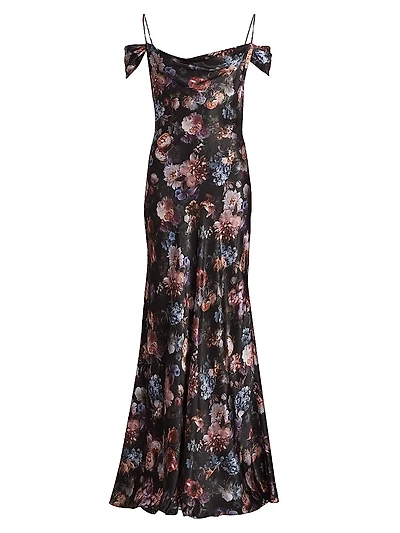 Kenna Floral Cold-Shoulder Silk Maxi-Dress