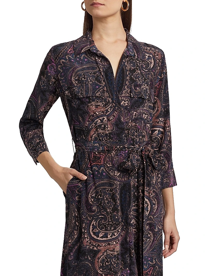 Cameron Paisley Silk Tie-Waist Shirtdress