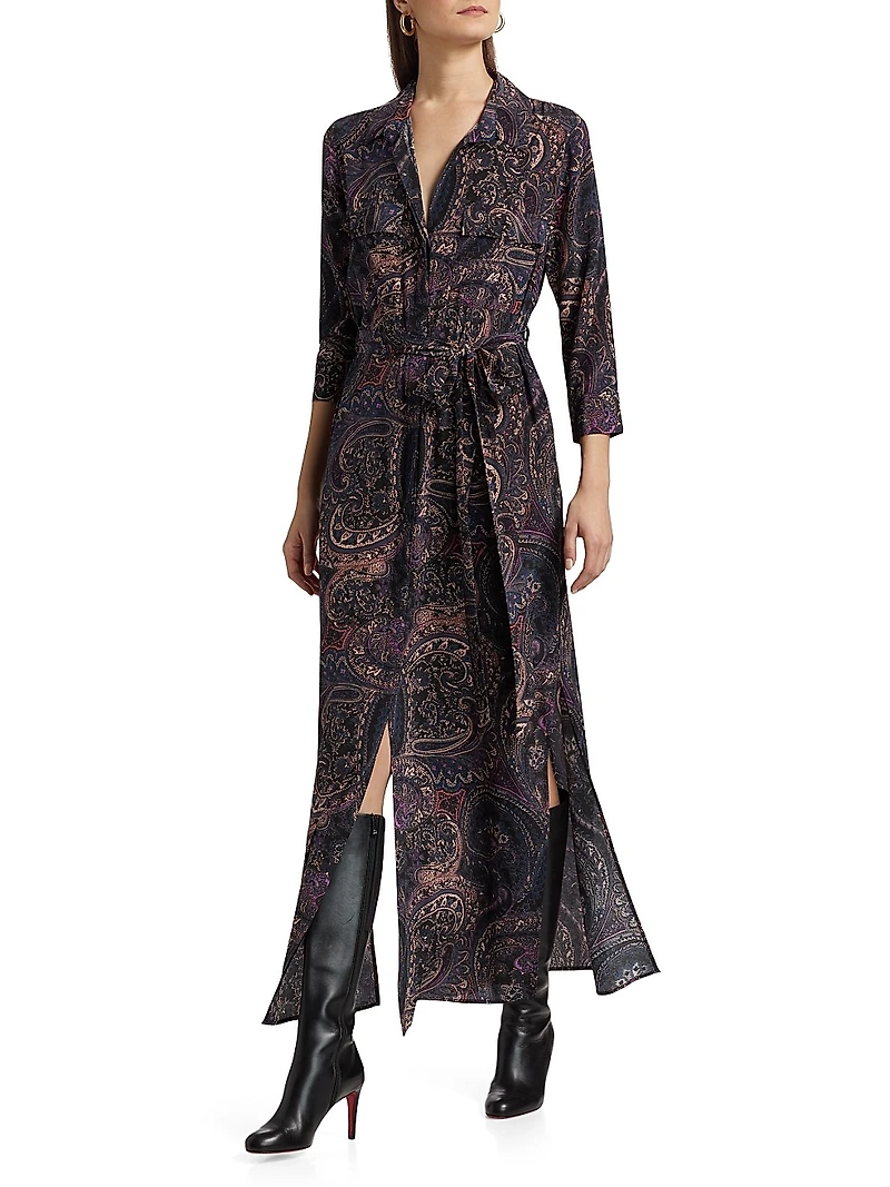 Cameron Paisley Silk Tie-Waist Shirtdress