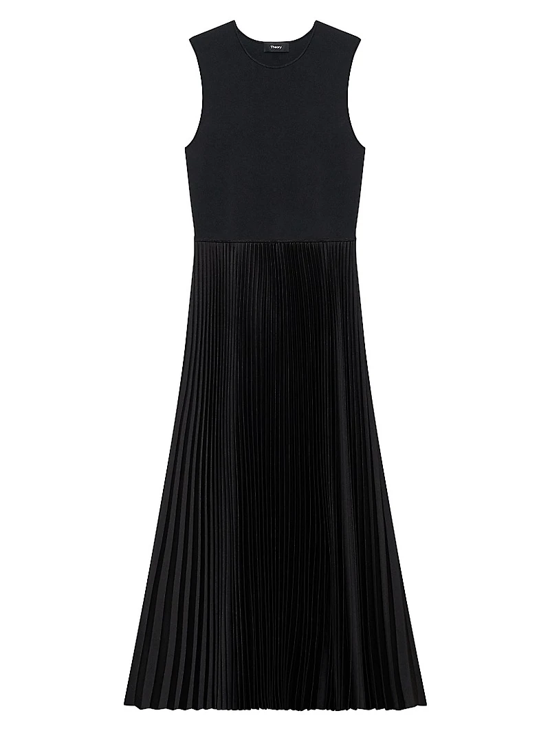 Satin Sunburst Pleated Midi-Dress