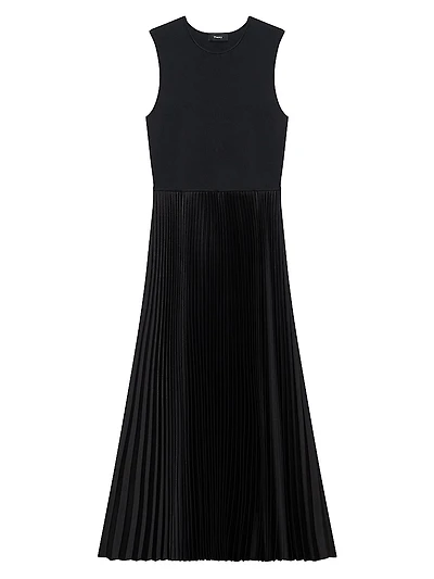 Satin Sunburst Pleated Midi-Dress