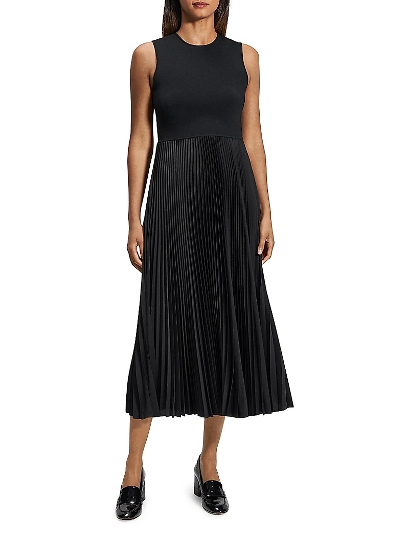 Satin Sunburst Pleated Midi-Dress