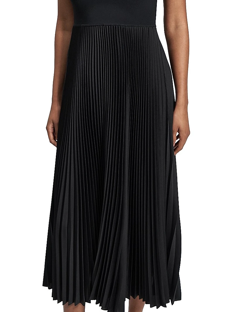 Satin Sunburst Pleated Midi-Dress
