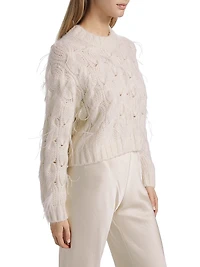 Feather-Embellished Cable-Knit Sweater