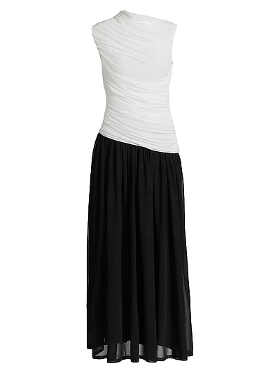 Odila Asymmetric Colorblocked Ruched Maxi Dress