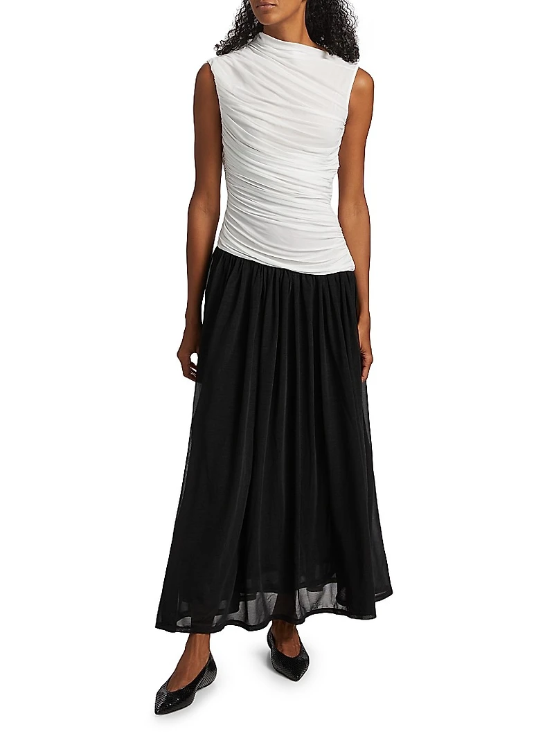 Odila Asymmetric Colorblocked Ruched Maxi Dress