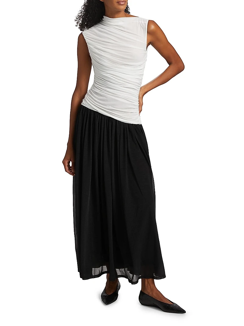 Odila Asymmetric Colorblocked Ruched Maxi Dress