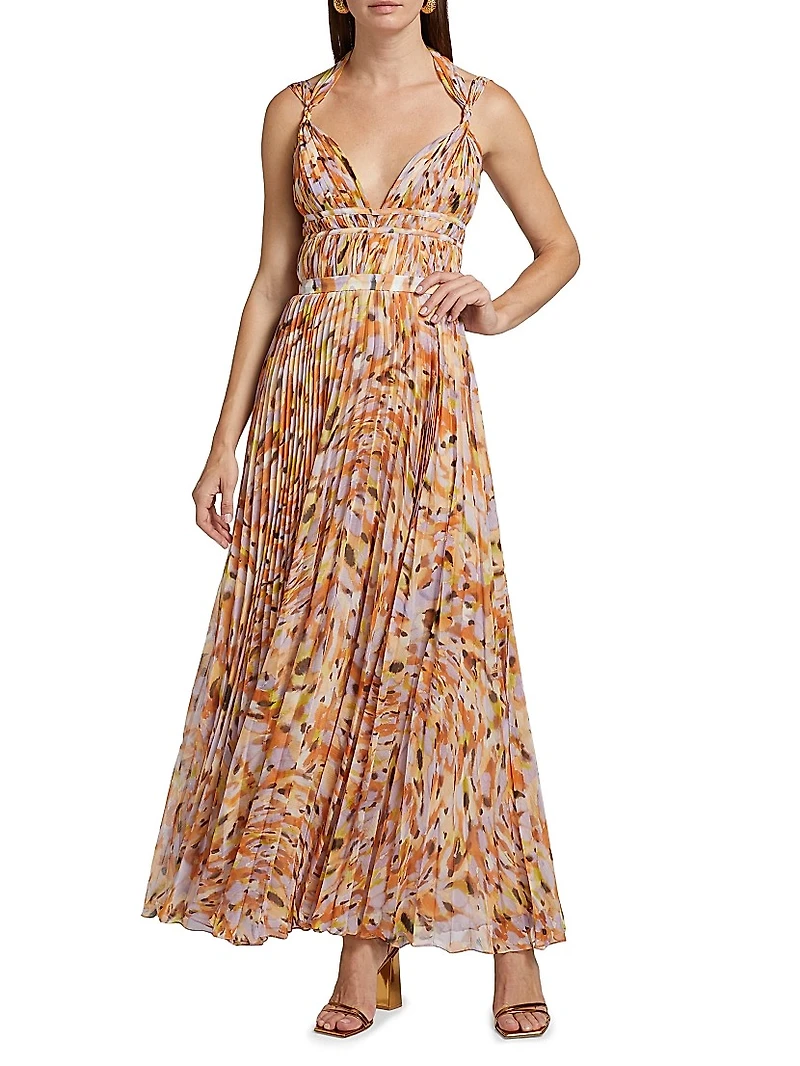 Neve Pleated Chiffon V-Neck Maxi Dress