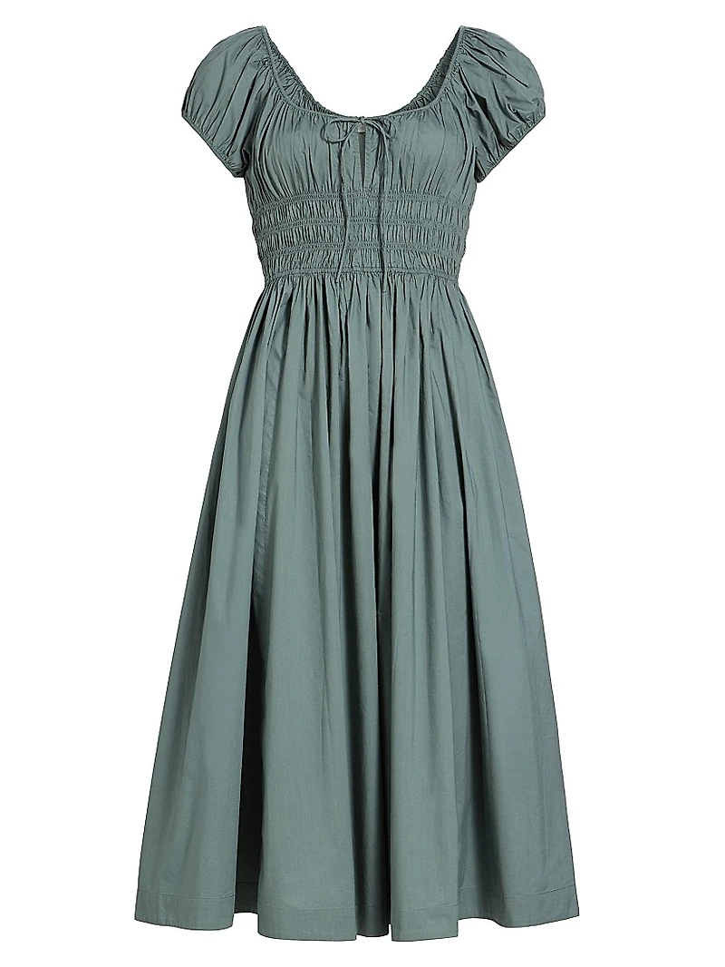 Quinn Smocked Cotton Scoopneck Midi-Dress