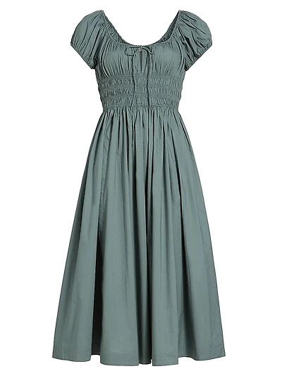 Quinn Smocked Cotton Scoopneck Midi-Dress