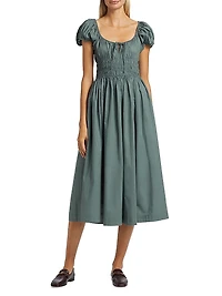 Quinn Smocked Cotton Scoopneck Midi-Dress