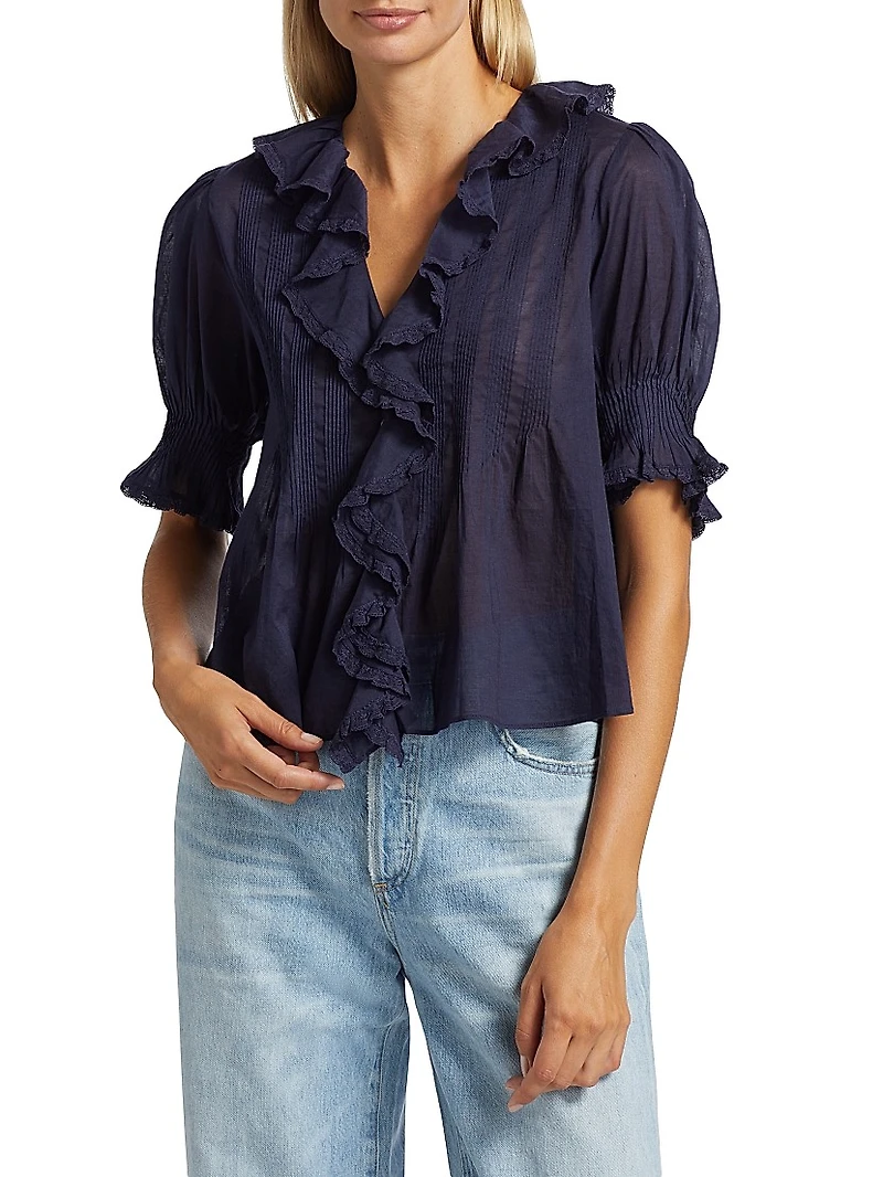 Henri Ruffled Cotton Short-Sleeve Blouse