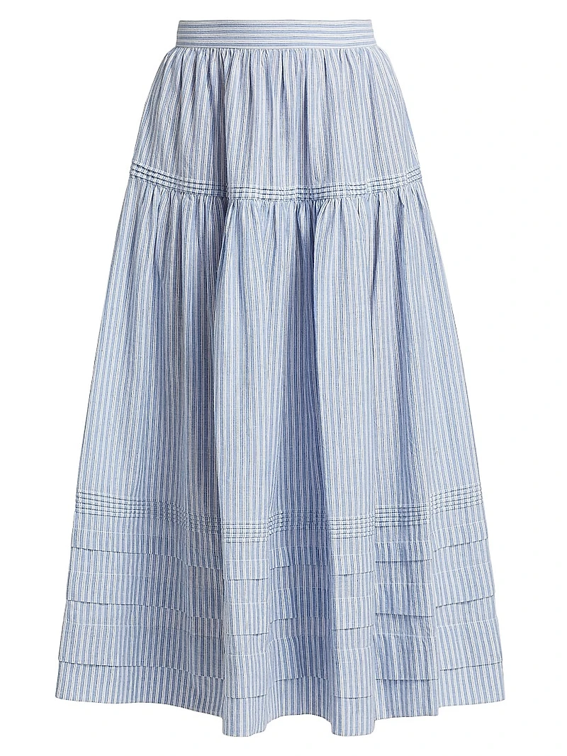 Sebastiane Striped Cotton Tiered Midi-Skirt