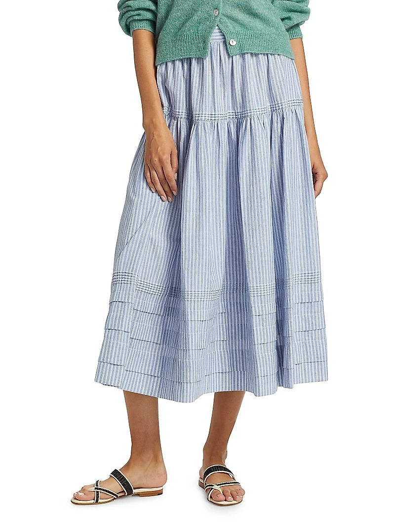 Sebastiane Striped Cotton Tiered Midi-Skirt