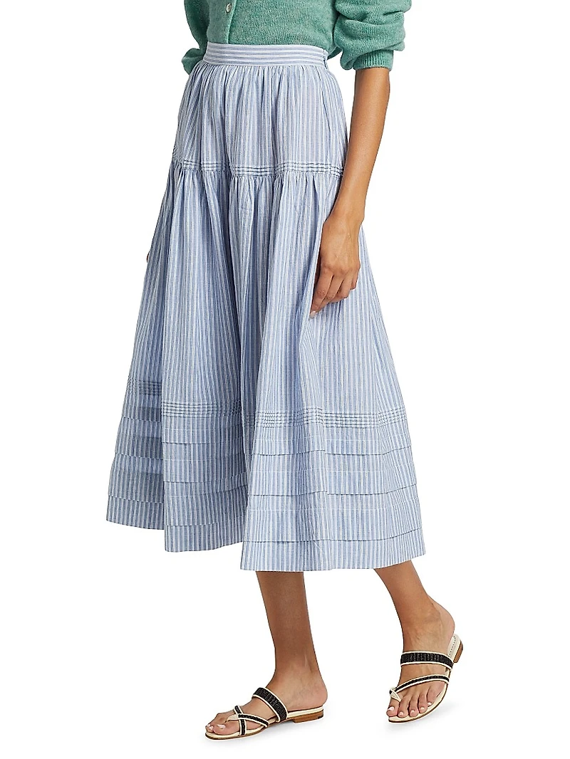 Sebastiane Striped Cotton Tiered Midi-Skirt