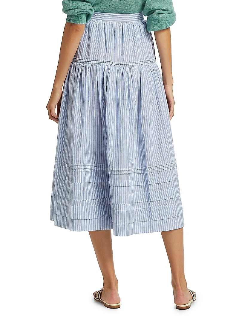 Sebastiane Striped Cotton Tiered Midi-Skirt