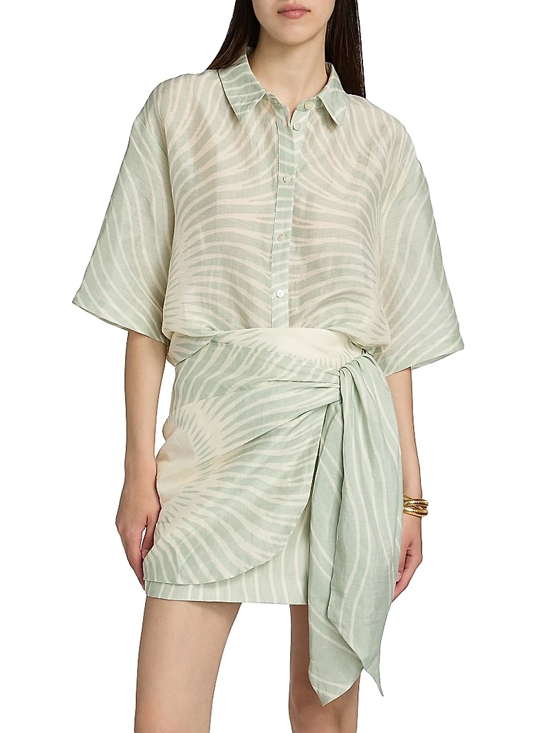 Celeste Geometric Belted Linen-Blend Top
