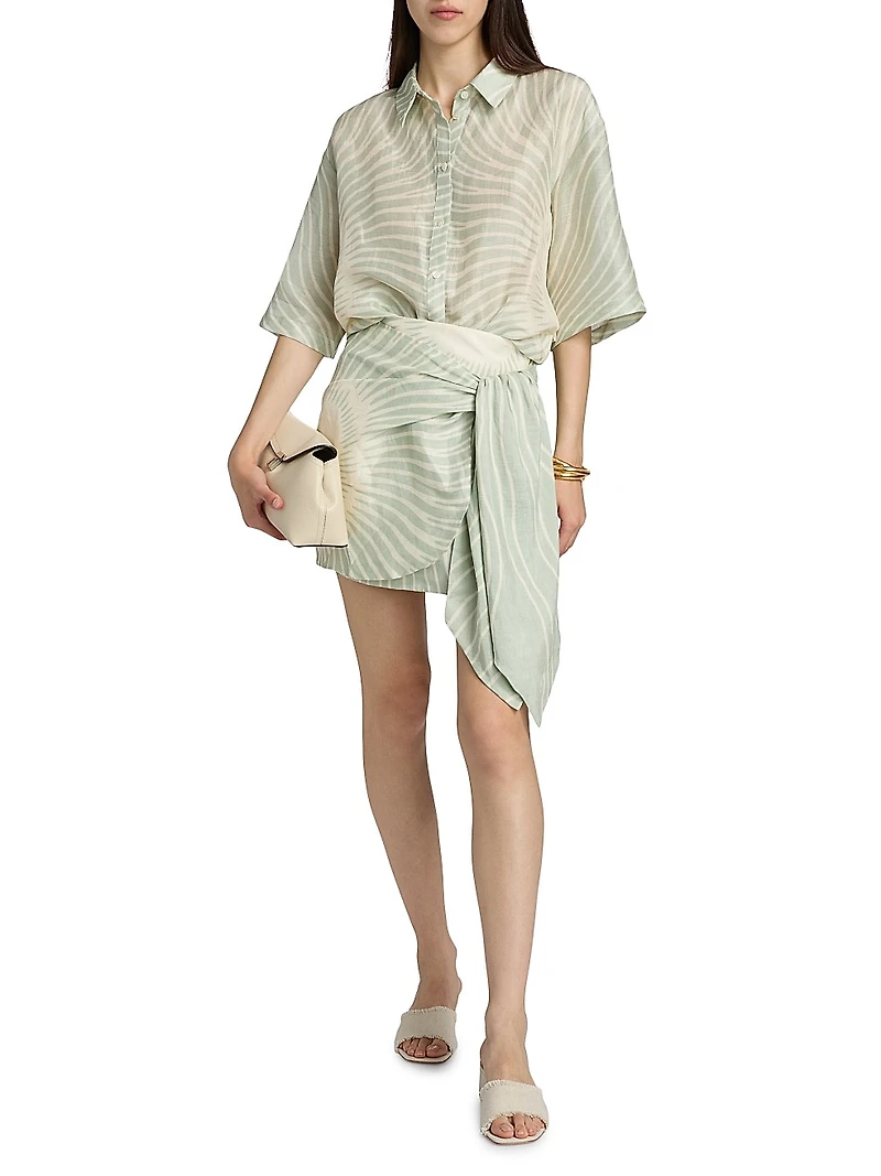 Celeste Geometric Belted Linen-Blend Top