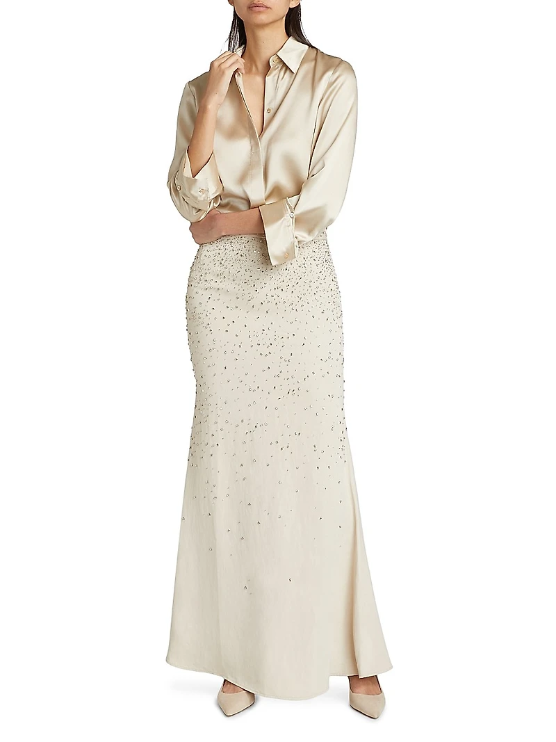 At Last Crystal-Embellished Linen-Blend Maxi Skirt