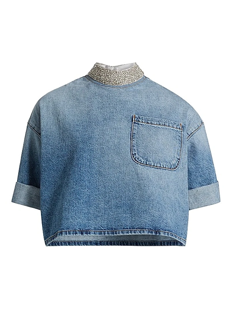 Ex T Embellished Denim Crop T-Shirt