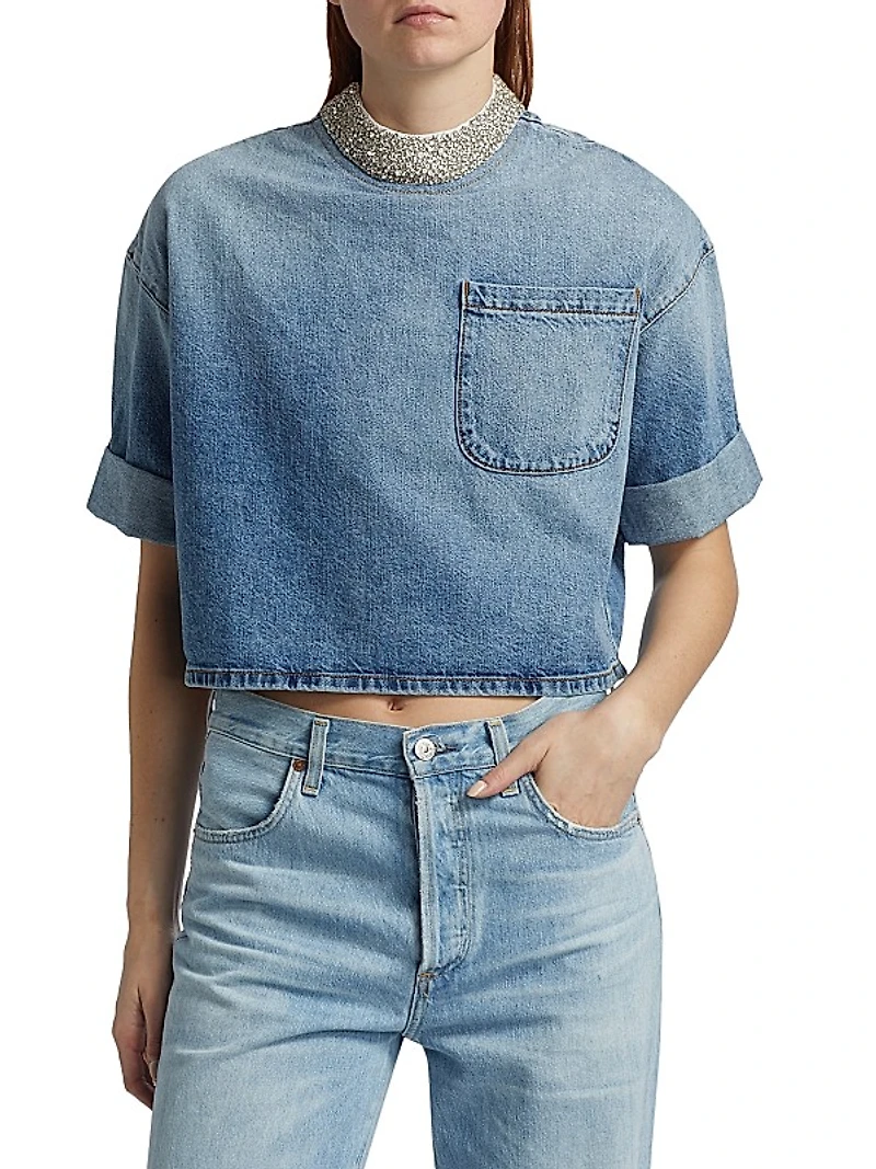 Ex T Embellished Denim Crop T-Shirt