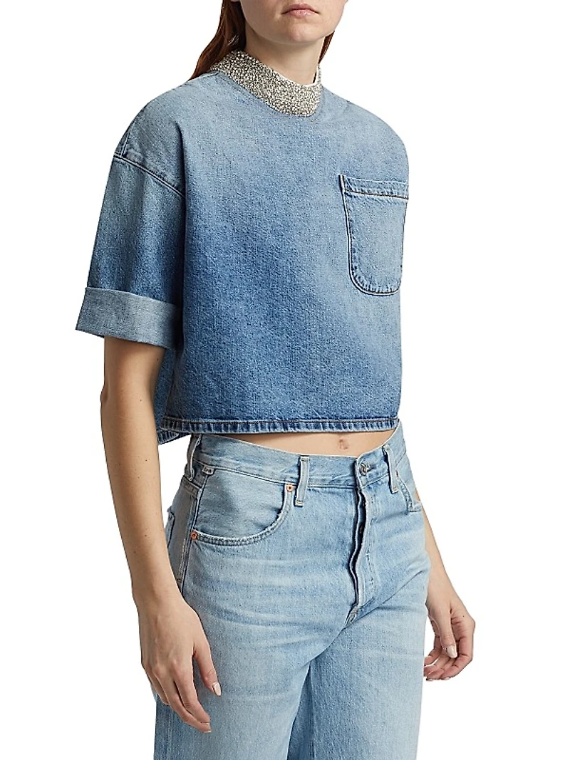 Ex T Embellished Denim Crop T-Shirt