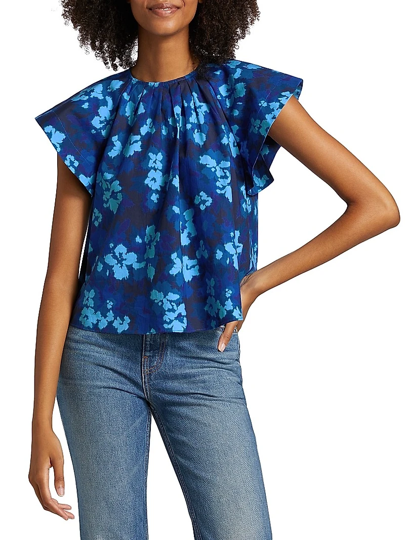 Rumi Floral Cotton Poplin Short-Sleeve Blouse