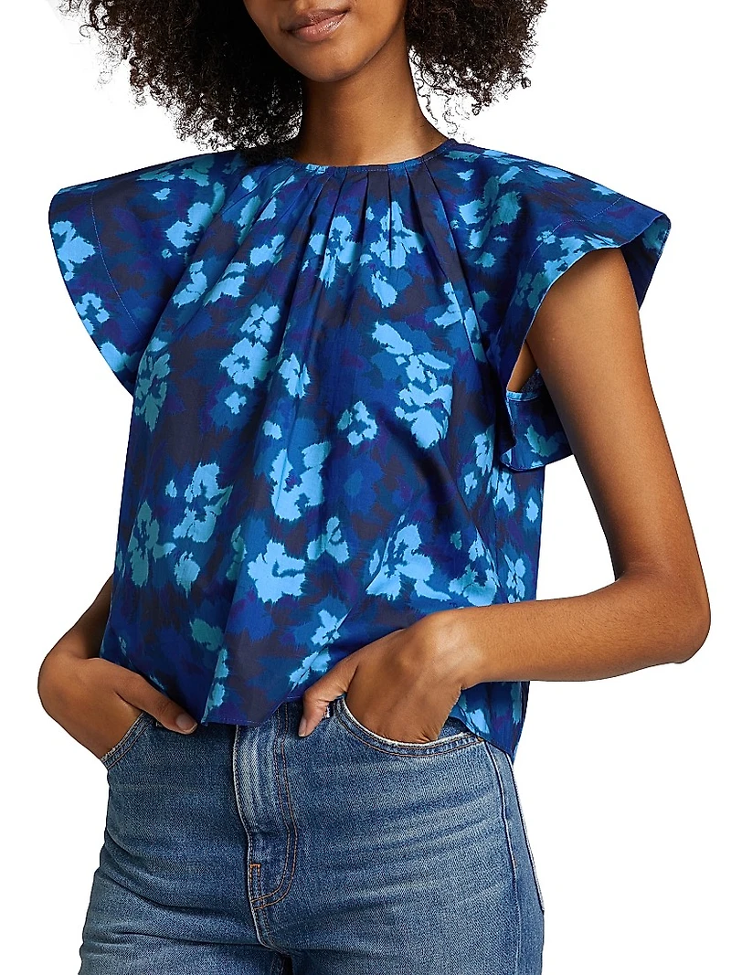 Rumi Floral Cotton Poplin Short-Sleeve Blouse