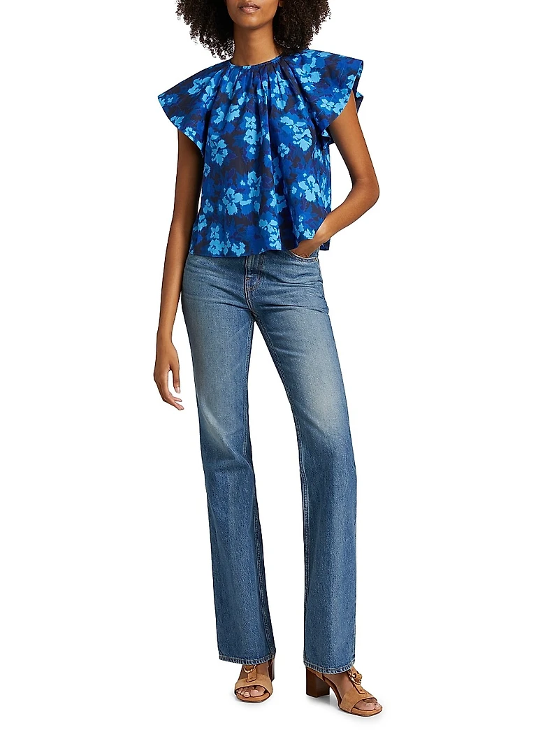 Rumi Floral Cotton Poplin Short-Sleeve Blouse