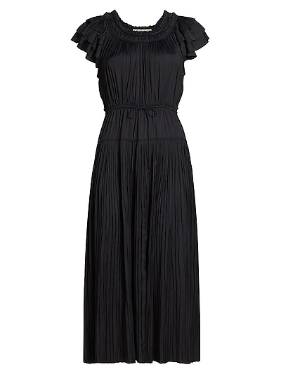 Kalesta Pleated Satin Tie-Waist Midi-Dress