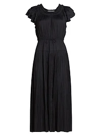Kalesta Pleated Satin Tie-Waist Midi-Dress