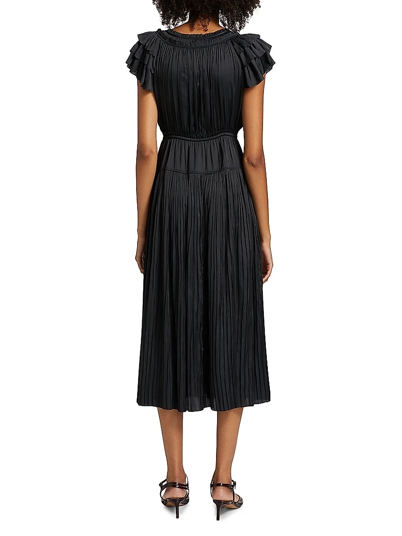 Kalesta Pleated Satin Tie-Waist Midi-Dress