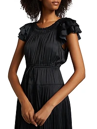 Kalesta Pleated Satin Tie-Waist Midi-Dress