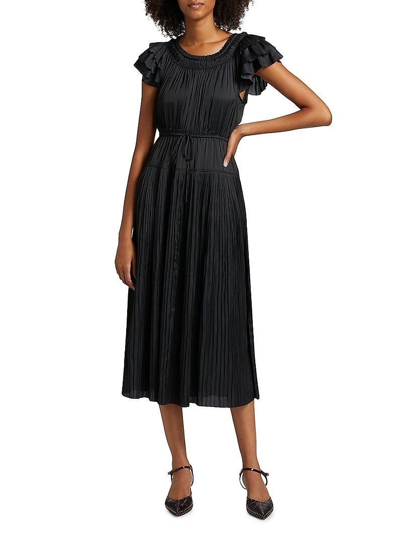 Kalesta Pleated Satin Tie-Waist Midi-Dress