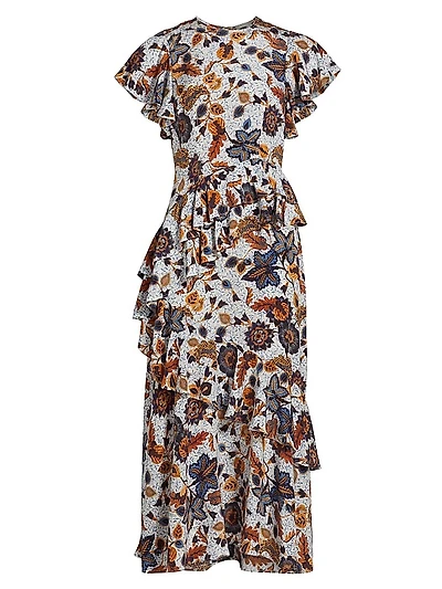 Amaia Floral Ruffled Silk Midi-Dress