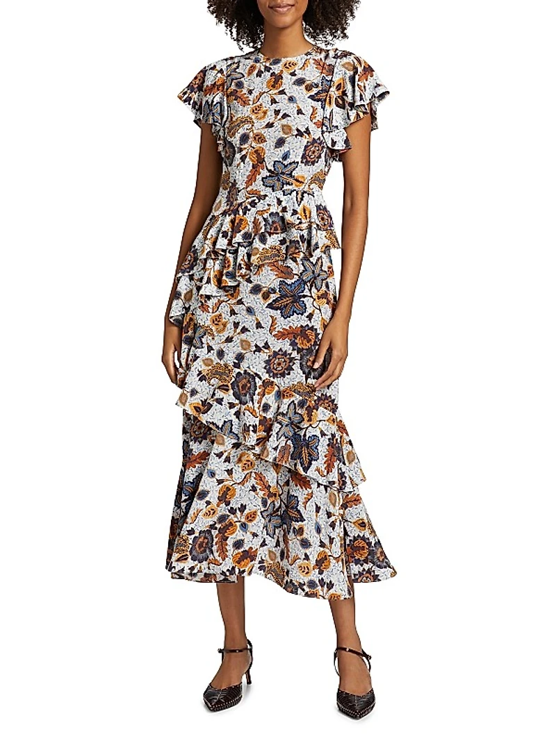 Amaia Floral Ruffled Silk Midi-Dress