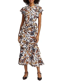 Amaia Floral Ruffled Silk Midi-Dress