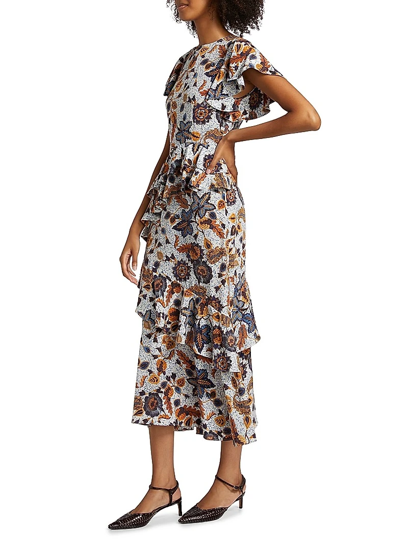 Amaia Floral Ruffled Silk Midi-Dress