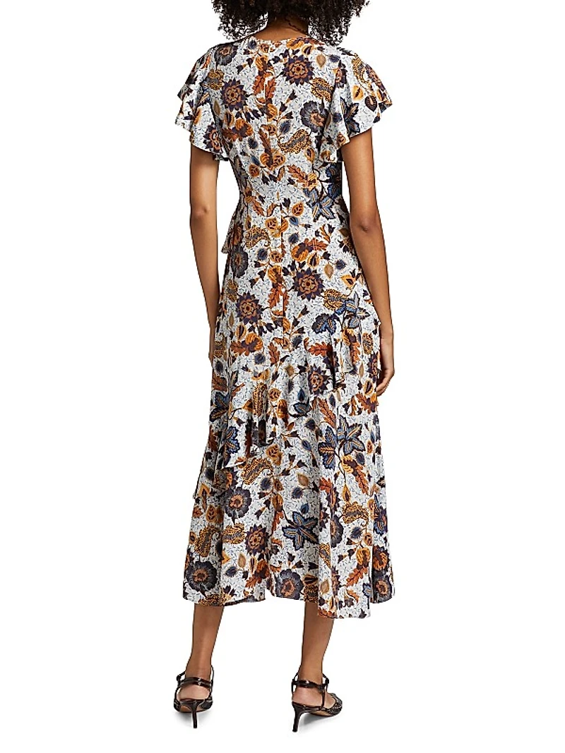 Amaia Floral Ruffled Silk Midi-Dress