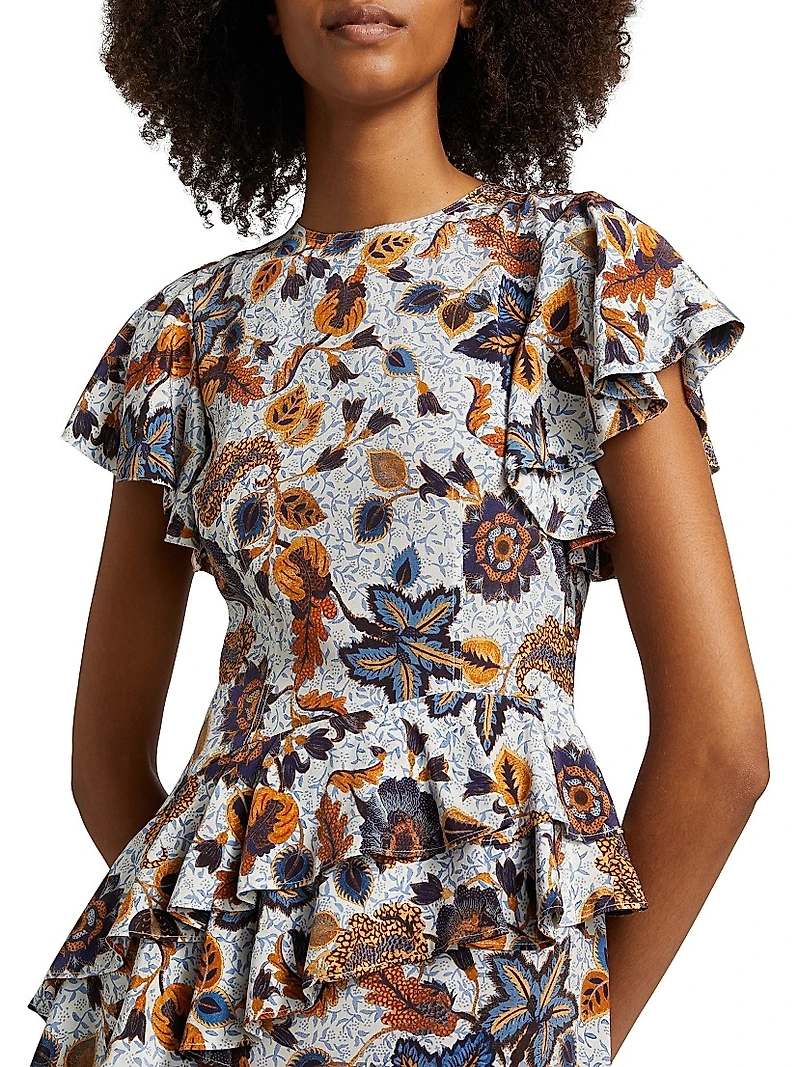 Amaia Floral Ruffled Silk Midi-Dress