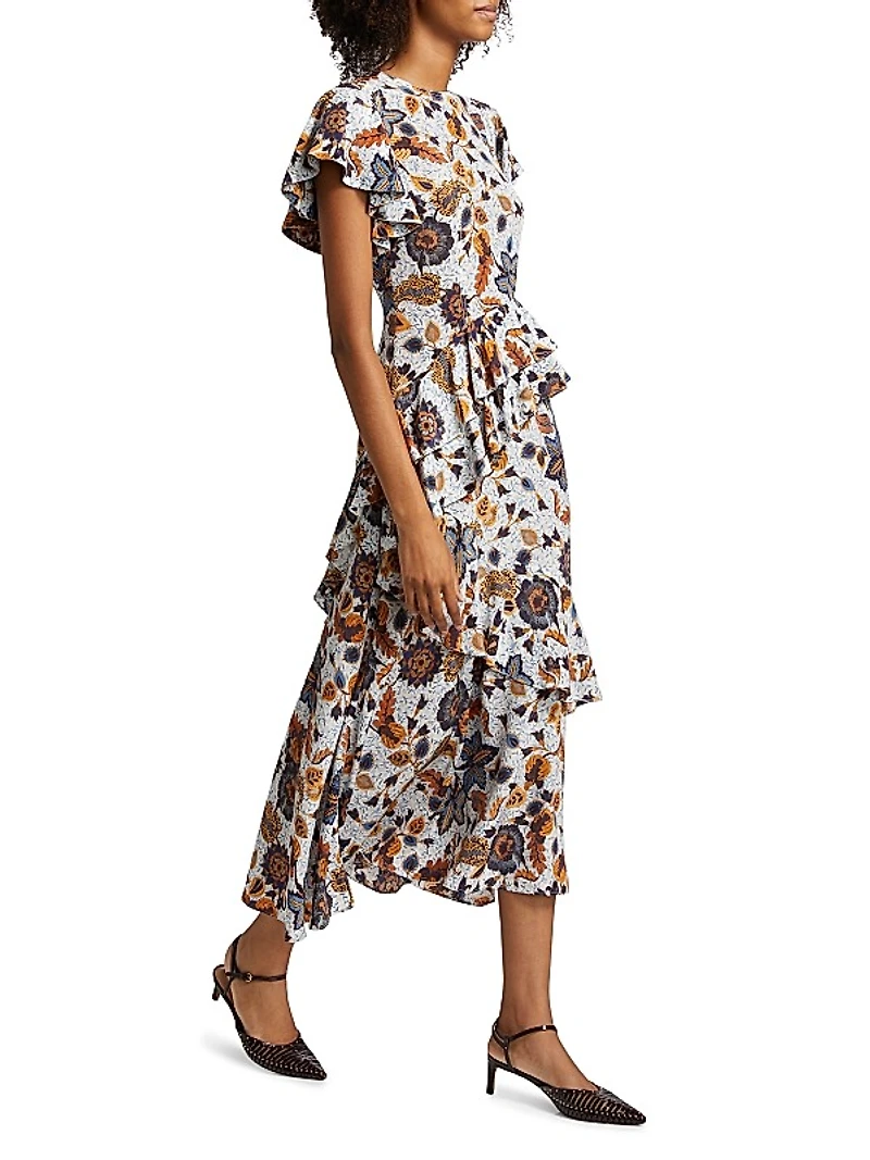 Amaia Floral Ruffled Silk Midi-Dress
