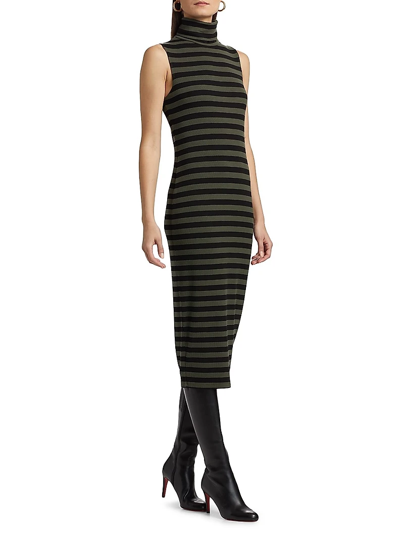 Brita Striped Turtleneck Sleeveless Midi-Dress