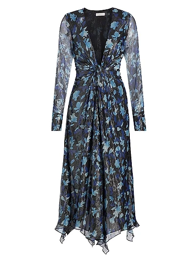 Tatia Floral Metallic Silk Twist Midi-Dress