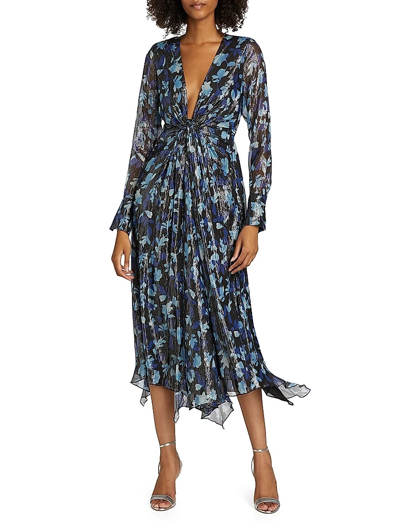 Tatia Floral Metallic Silk Twist Midi-Dress