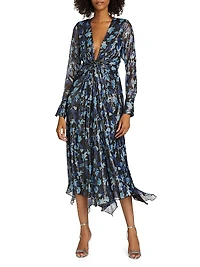 Tatia Floral Metallic Silk Twist Midi-Dress